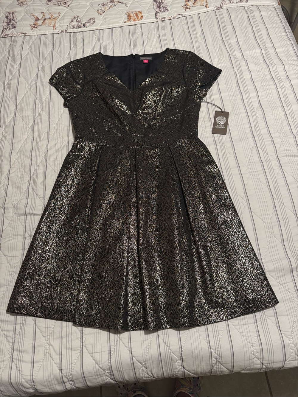 Vince Camuto Black Metallic Pleated Mini Dress